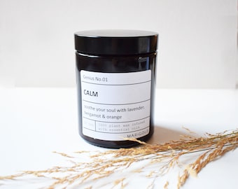 Calm Aromatherapy Candle: Lavender, Bergamot, Orange Essential Oils, 180ml Soy Wax