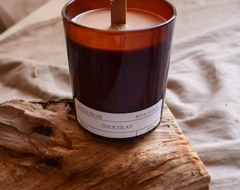 Chocolate Scented Soy Wax Candle – Wood Wick, Vegan.