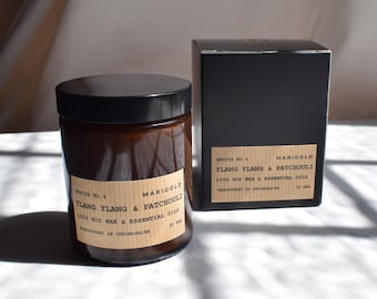 Ylang Ylang & Patchouli Vegan Eco-Friendly Soy Wax Candle with Essential Oils - Floral Earthy Scent