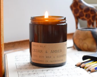 180ml Cedar Amber Soy Candle with Essential Oils - Sustainable Woodsy Scent