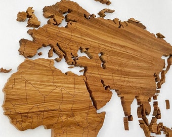 Large Wooden World Map, Solid Oak, 100x200 cm, Boarders, Handmade, Wall decor, Rustic wall art