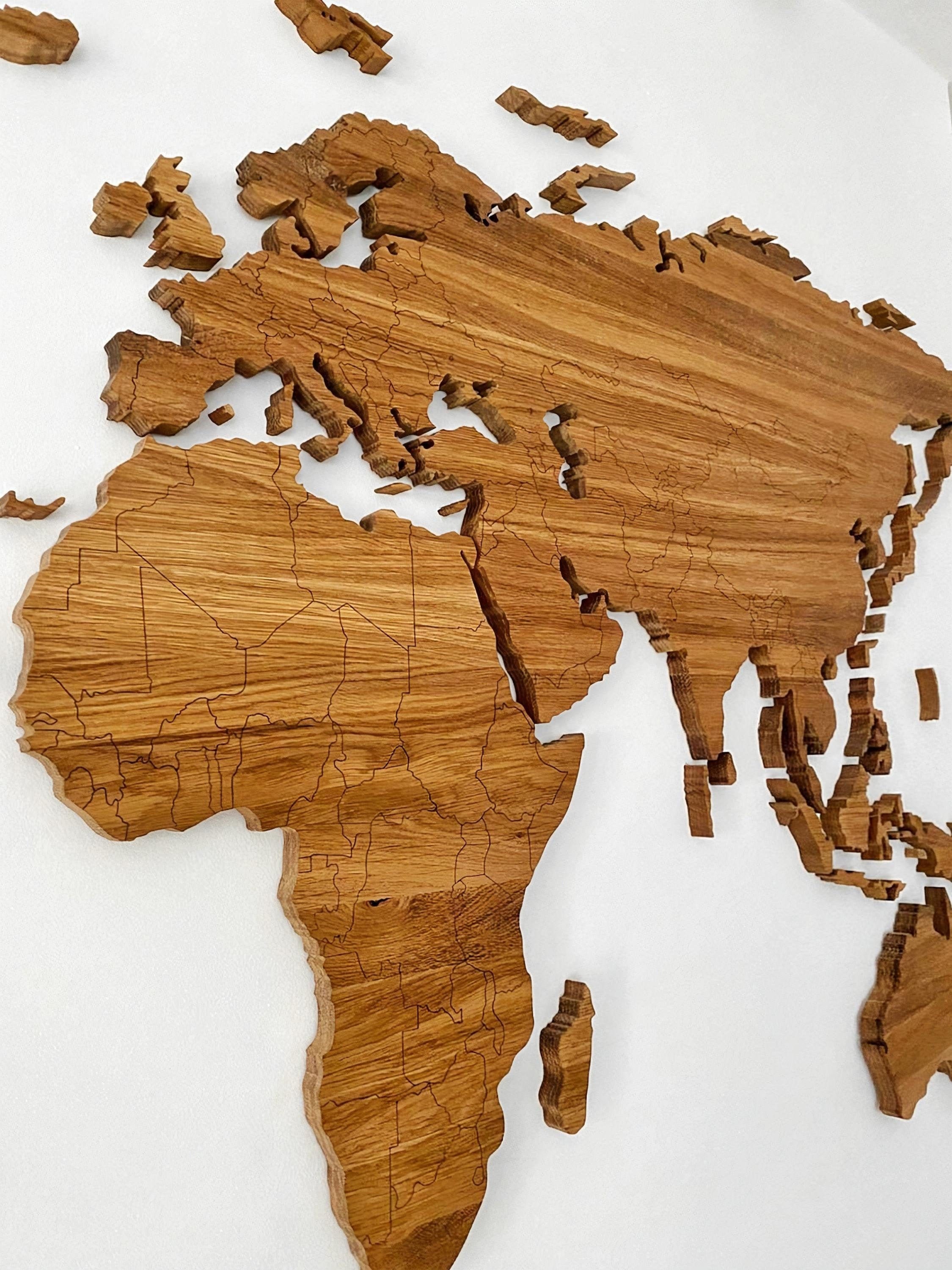 Large Wooden World Map, Solid Oak, 100x200 cm, Boarders, Handmade, Wall 