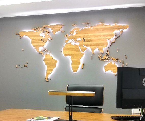 Led Wooden World Map, Solid Oak, With Borders, Wall Decor, Office Decor,  Cosy Home, Traveller Gift 