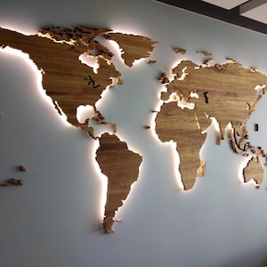 LED illuminated wall decor, Wooden map, Solid oak, Cosy bedroom design, Innovative decor