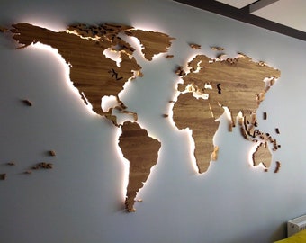 LED illuminated wall decor, Wooden map, Solid oak, Cosy bedroom design, Innovative decor