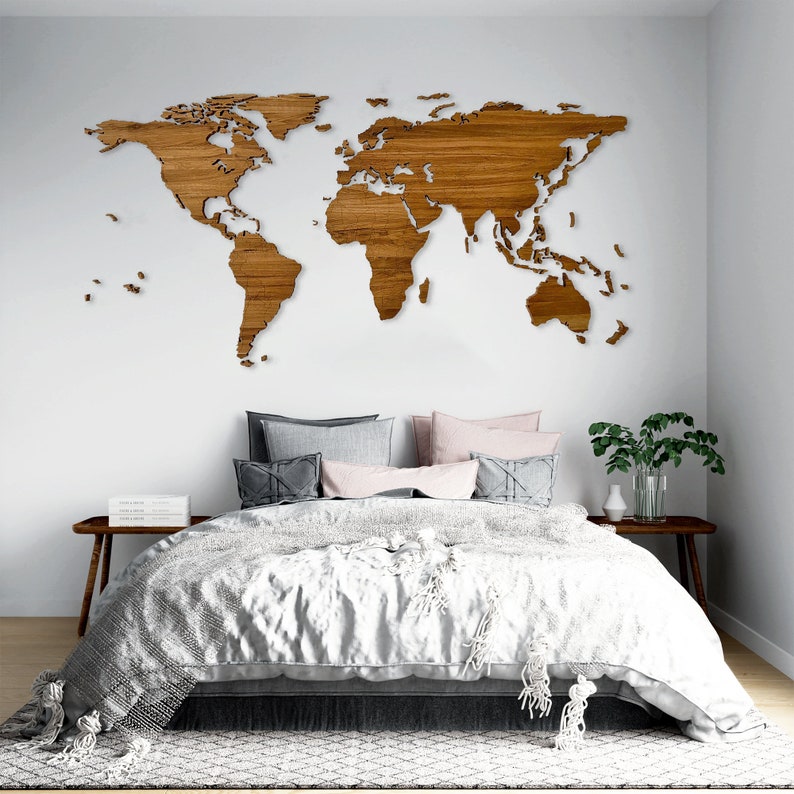 Led illuminated Wooden World Map, Solid Oak, With Borders, Wall decor, Office decor, Cosy home, Traveller gift image 7