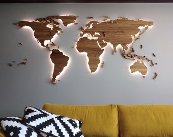 Led Illuminated Wooden World Map, Solid Oak, Wall art decor, 180x90, Gift for Traveller