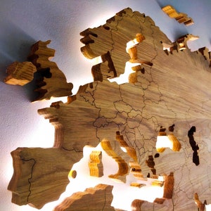 Led illuminated Wooden World Map, Solid Oak, With Borders, Wall decor, Office decor, Cosy home, Traveller gift image 1