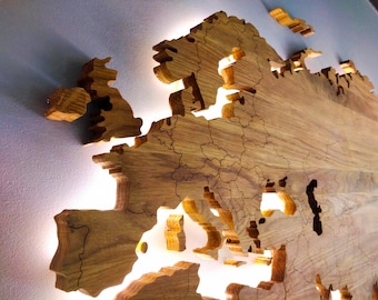 Led illuminated Wooden World Map, Solid Oak, With Borders, Wall decor, Office decor, Cosy home, Traveller gift