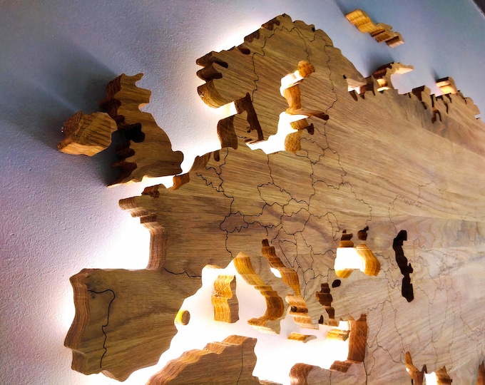 Featured listing image: Led illuminated Wooden World Map, Solid Oak, With Borders, Wall decor, Office decor, Cosy home, Traveller gift
