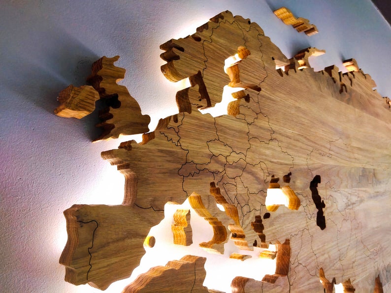 Led illuminated Wooden World Map, Solid Oak, With Borders, Wall decor, Office decor, Cosy home, Traveller gift image 1