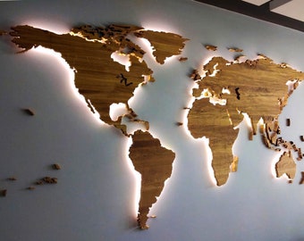 Led illuminated Wooden World Map, Solid Oak, With Borders, Wall decor, Office decor, Cosy home, Traveller gift