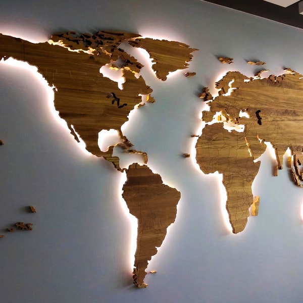 Carte du monde en bois illuminée par LED, chêne massif, avec bordures, décoration murale, décoration de bureau, maison confortable, cadeau de voyageur