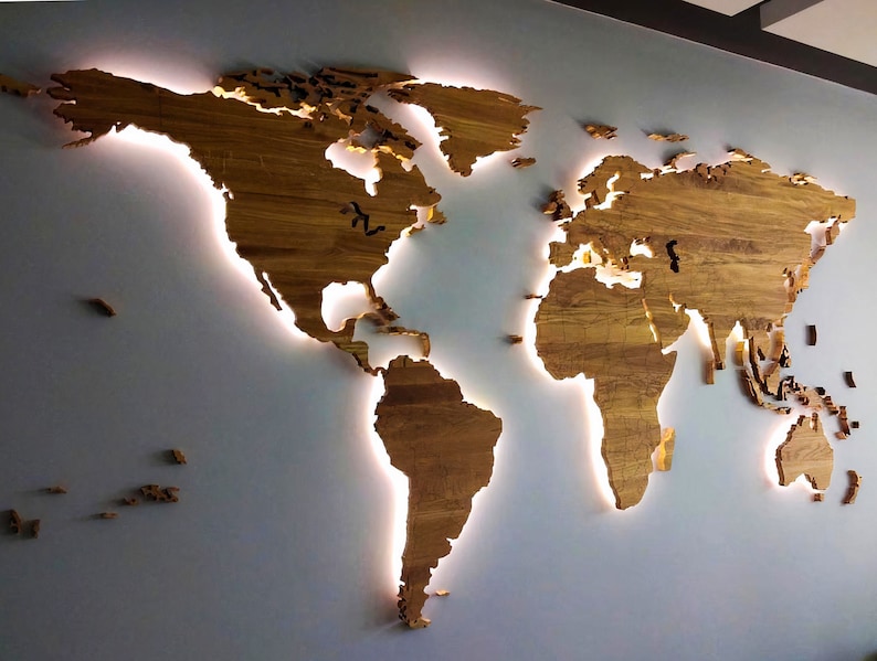 Led illuminated Wooden World Map, Solid Oak, With Borders, Wall decor, Office decor, Cosy home, Traveller gift image 2