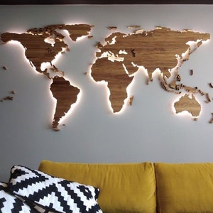 Led illuminated Wooden World Map, Solid Oak, With Borders, Wall decor, Office decor, Cosy home, Traveller gift image 9