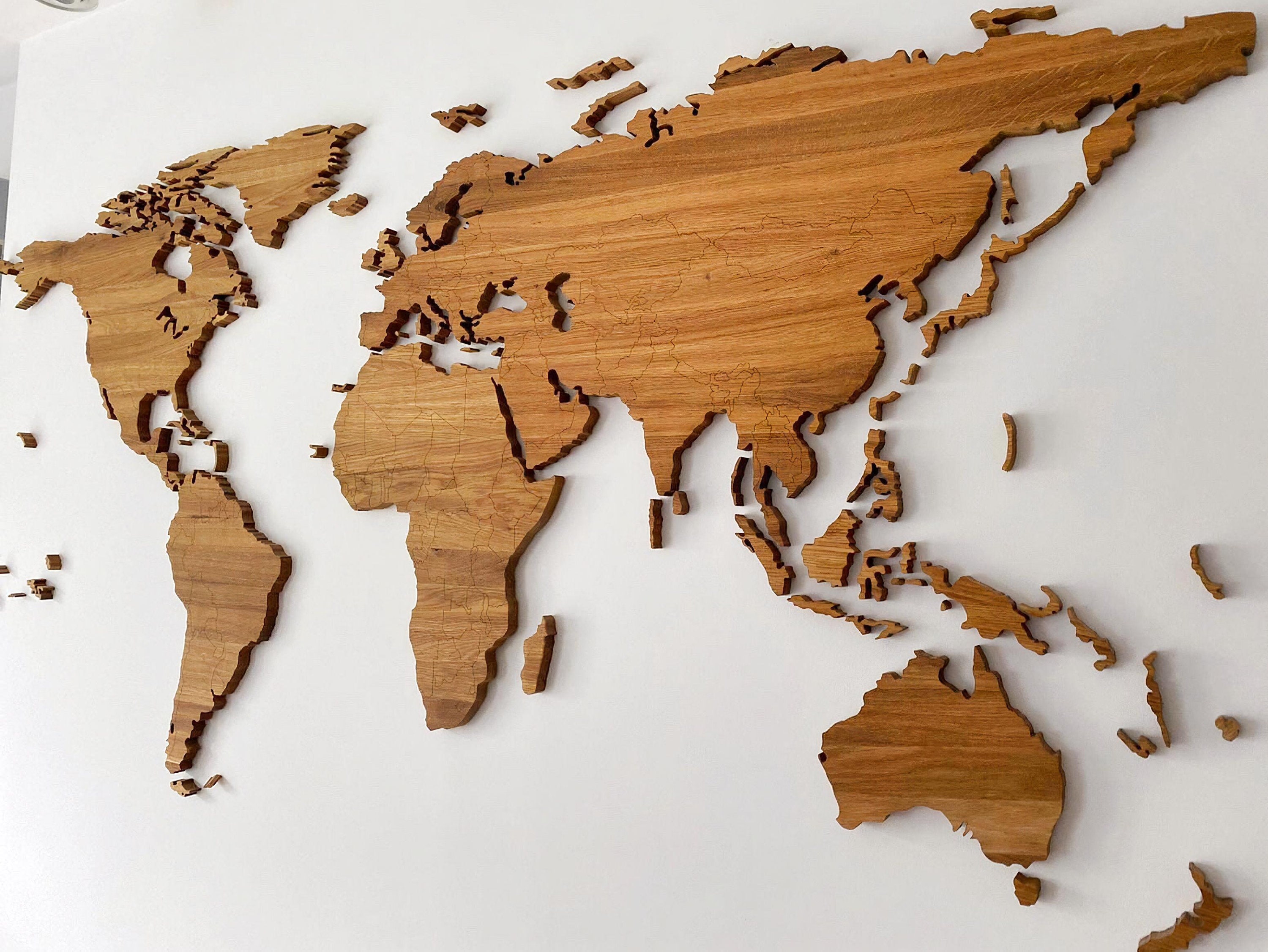 Huge Wooden World Map, Solid Oak, 110x220 Cm, Boarders, Handmade
