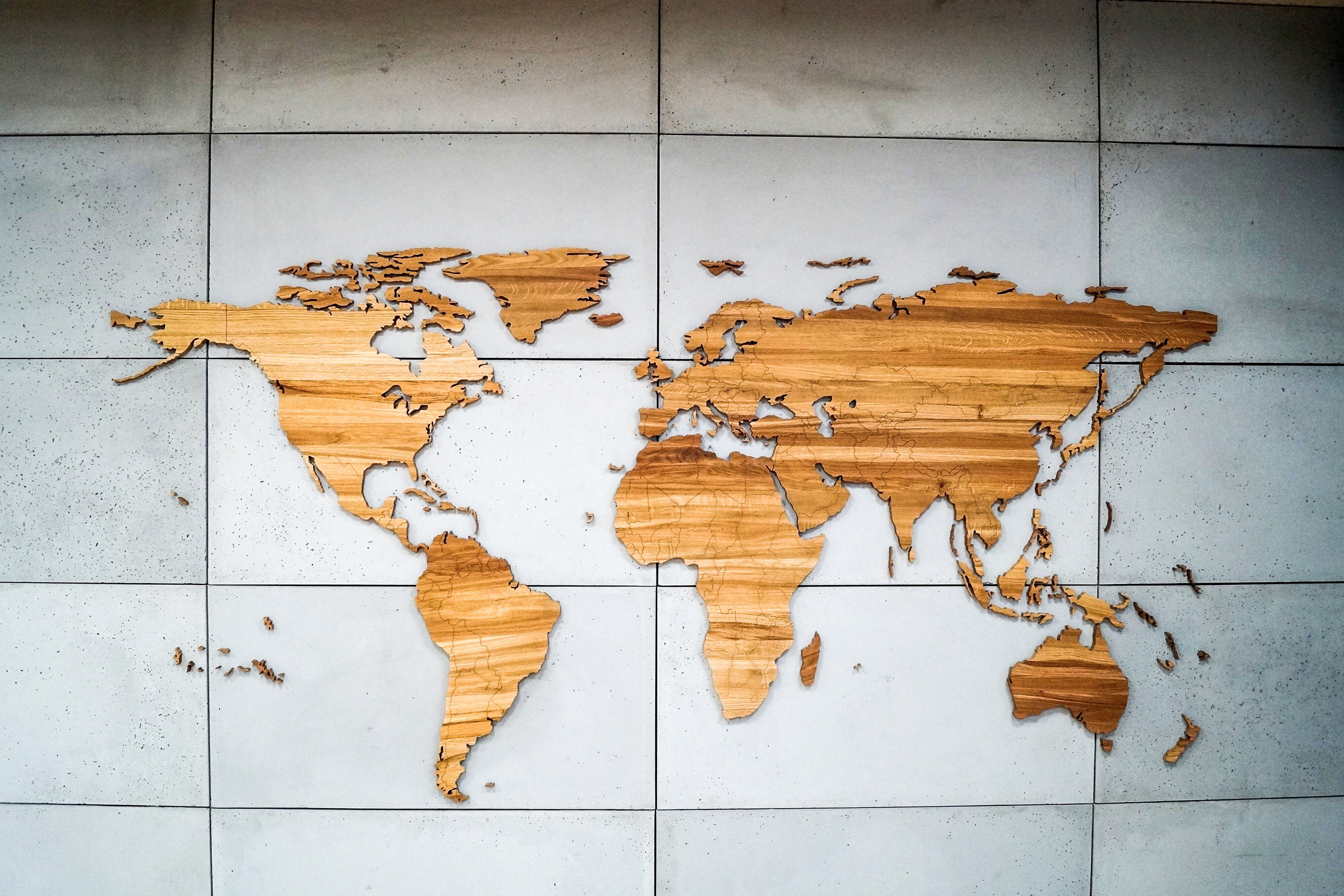 Large Wooden World Map, Solid Oak, 100x200 cm, Boarders, Handmade, Wall