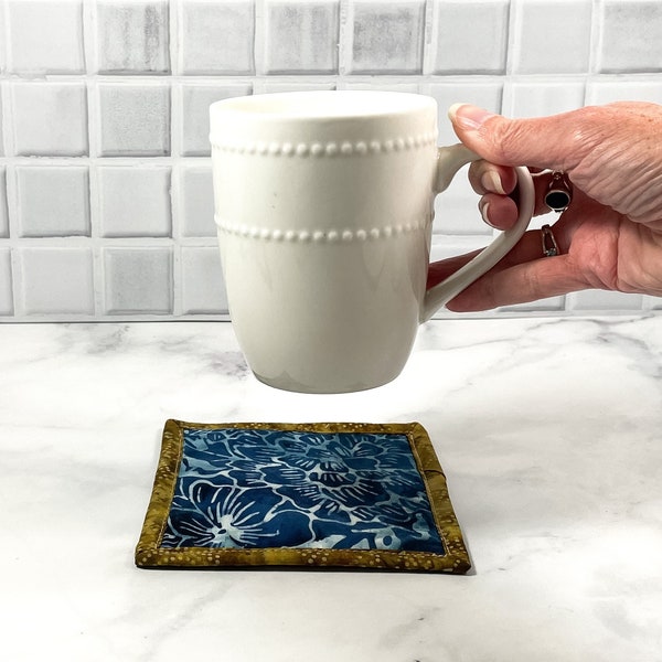 Batik Coaster, Blue Mug Rug, Blue Flower Coaster, Bar Cart Decor, Cute Floral Coaster, Home Office Desk Accessory, Coffee Fanatic, OOAK Gift