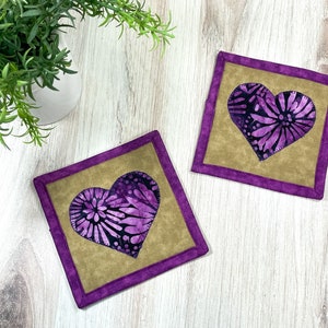 Fabric Coasters Set of 2, Batik Purple Coasters, Modern Desk Accessory, Quilted Coaster Set, Mug Rugs for Sale, Bar Cart Item, Cute Coasters