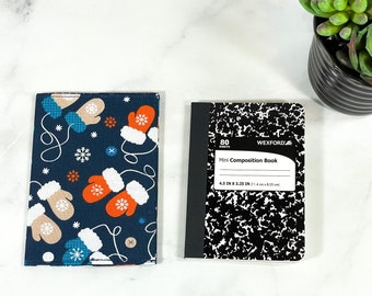 Mini Composition Notebook Cover, Winter Notebook, Fabric Notebook Cover, Pocket Notebook Cover, Small Pocket Journal, Mitten Fabric
