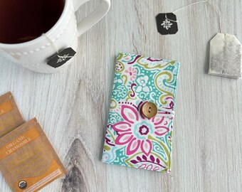 Cartera porta bolsitas de té, organizador de té para té de hierbas, regalo para amantes del té, porta bolsitas de té de tela de algodón, obsequios para fiestas de té, monedero para guardar té
