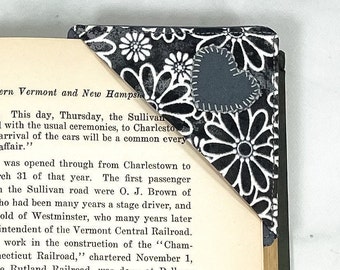 Fabric Corner Bookmark, Reader and Writer Gift Idea, Gray Floral Bookmark, Handmade Bookmark, Book Corner, Romance Reader Gift, Page Corner