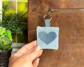 Denim Bag Charm or Keychain Charm, Cotton Denim Fabric Mini Quilt, Upcycled Denim Decor, Jean Heart Token with Personalized Poem Card