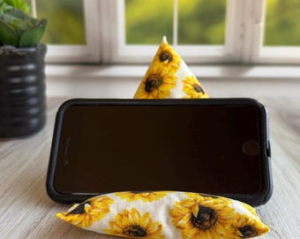 Sunflower Cell Phone Stand, Pretty Office Desk Aesthetic Room Decor, Bean Bag Phone Pillow, Docking Station Holder, Gift for Female Friend