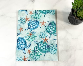 Composition Notebook Cover, Turtle Gifts for Women, Travel Journal, Crustaceancore Decor, Book Sleeve, Airbnb Guest Book, Aqua Fabric Cover