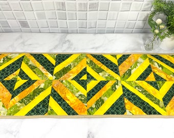 Green and Yellow Quilted Table Runner Batik, One of A Kind Table Decor,  Fabric Covering for Table, Giftable Items for Wedding, Modern Quilt