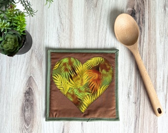 Earth Tone Fabric Potholder, Trivet for Hot Dishes, Unique Kitchen Island Decor, Hot Pads Quilted, Green Pot Holder, Fun Home Aesthetic