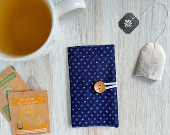 Tea Organizer for Tea Lovers, Tea Bag Holder for Herbal Tea, Handmade Fabric Tea Bag Wallet, Tea Party Favors, Blue Purse Travel Storage