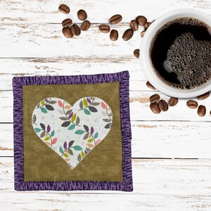 Unique Heart Drink Coaster for Home or Office, Fabric Mug Rug for Hot or Cold Drinks, Bar Cart Accessory, Cute Gift Idea for Coffee Lover