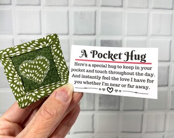 Pocket Hug Token, Sending A Hug, Long Distance Love Gift, Pocket Token, Green Pocket Hug, Little Fabric Heart, Quilted Pocket Hug for Her