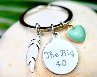 40th Birthday Keychain: Engraved Charm, Feather & Heart