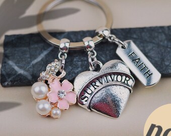 Survivor Heart Keychain: Cancer Remission Gift with Rhinestone Flower