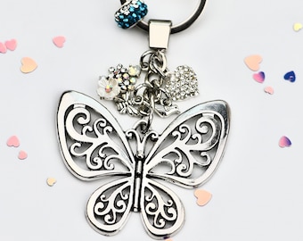 Butterfly Keychain: Silver Charms, Rhinestone Heart, Nature Gift