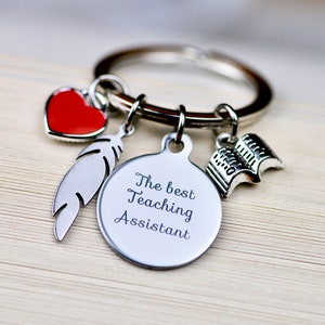 Teaching Assistant Keychain: Engraved Charm, Book, Feather & Heart
