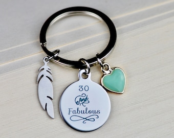 30th Birthday Keychain, Stainless Steel, Feather Charm, Gift for Her