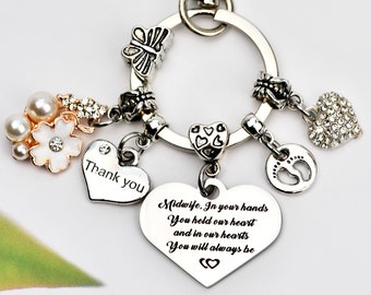 Midwife Keychain Gift: Silver Charms, Engraved Heart