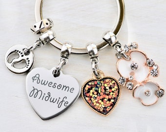 Midwife Keychain Gift: Baby Feet, Glitter Heart & Flower Charms