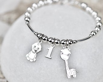 Armband i sterlingsilver med 1-års födelsedag: Djurbebis-berlock