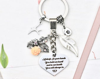 Personalized Midwife Keychain: Feather, Rhinestone, & Engraved Heart