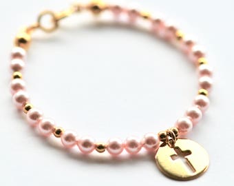 Gold Plated Cross Bracelet: Rosaline Swarovski Pearl Christening Gift