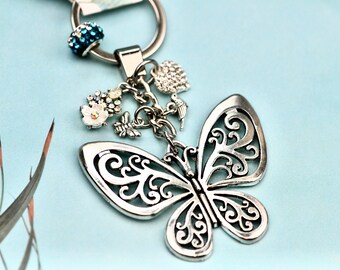 Butterfly Keychain: Silver Charms, Rhinestone Heart, Nature Gift