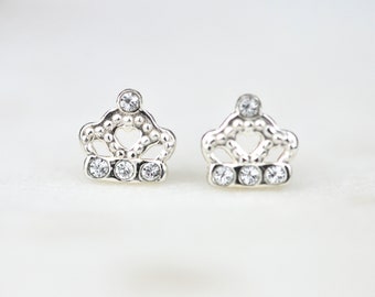 Queen Crown Stud Earrings with Swarovski Crystals, Sterling Silver