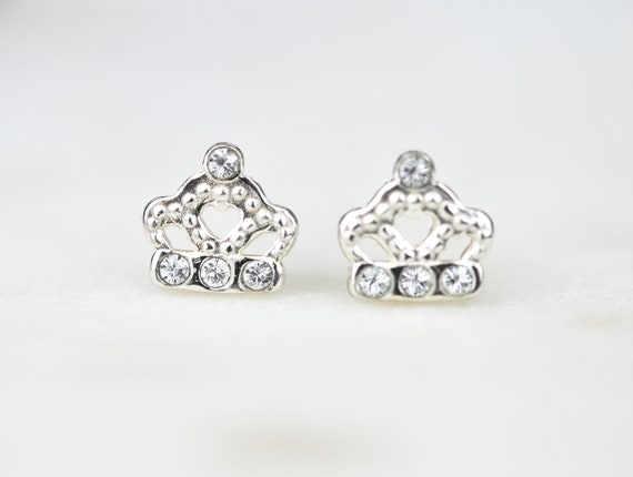 Orecchini a bottone con corona della regina con cristalli Swarovski, argento sterling - Italia