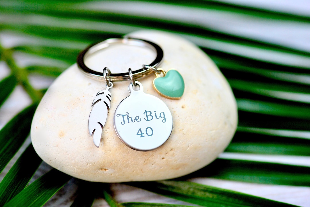 40th Birthday Keychain: Engraved Charm, Feather & Heart - Etsy