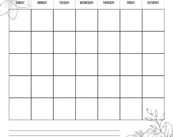 Floral Monthly Calendar, Blank calendar, digital download