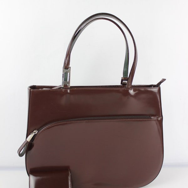 Sac vintage Lancel cuir verni marron et porte monnaie